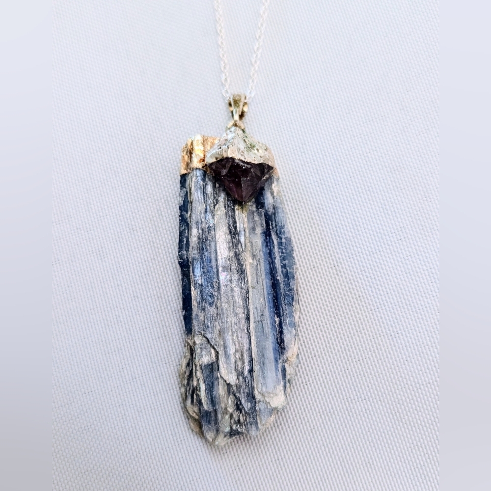 Blue Kyanite With Amethyst Pendant Necklace